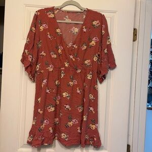 Rust Pink Floral Wrap Tunic Top with Ruffle Sleeve